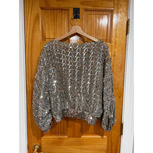 Vintage St. Martin Silver Sequin Beaded Blouse Top 80s Batwing Dolman